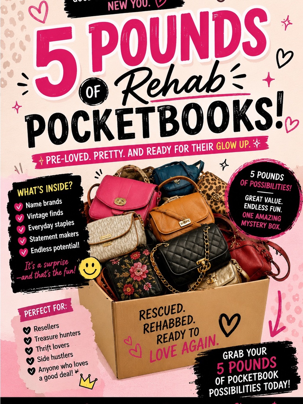 Mystery Assortment of Women's Pocketbooks - Pink, Black, Tan, Blue, Floral